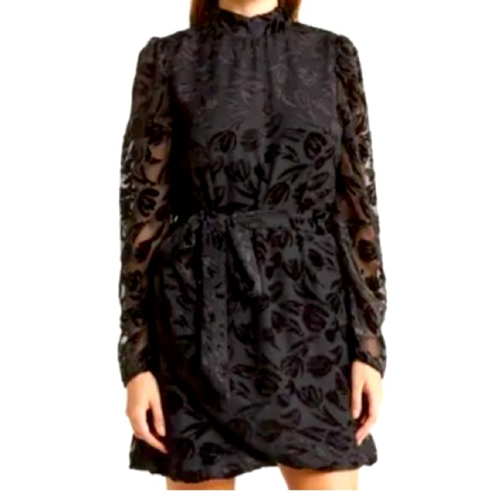 NSR Women's Black Mock Neck Velvet Burnout Mini Dress Size L